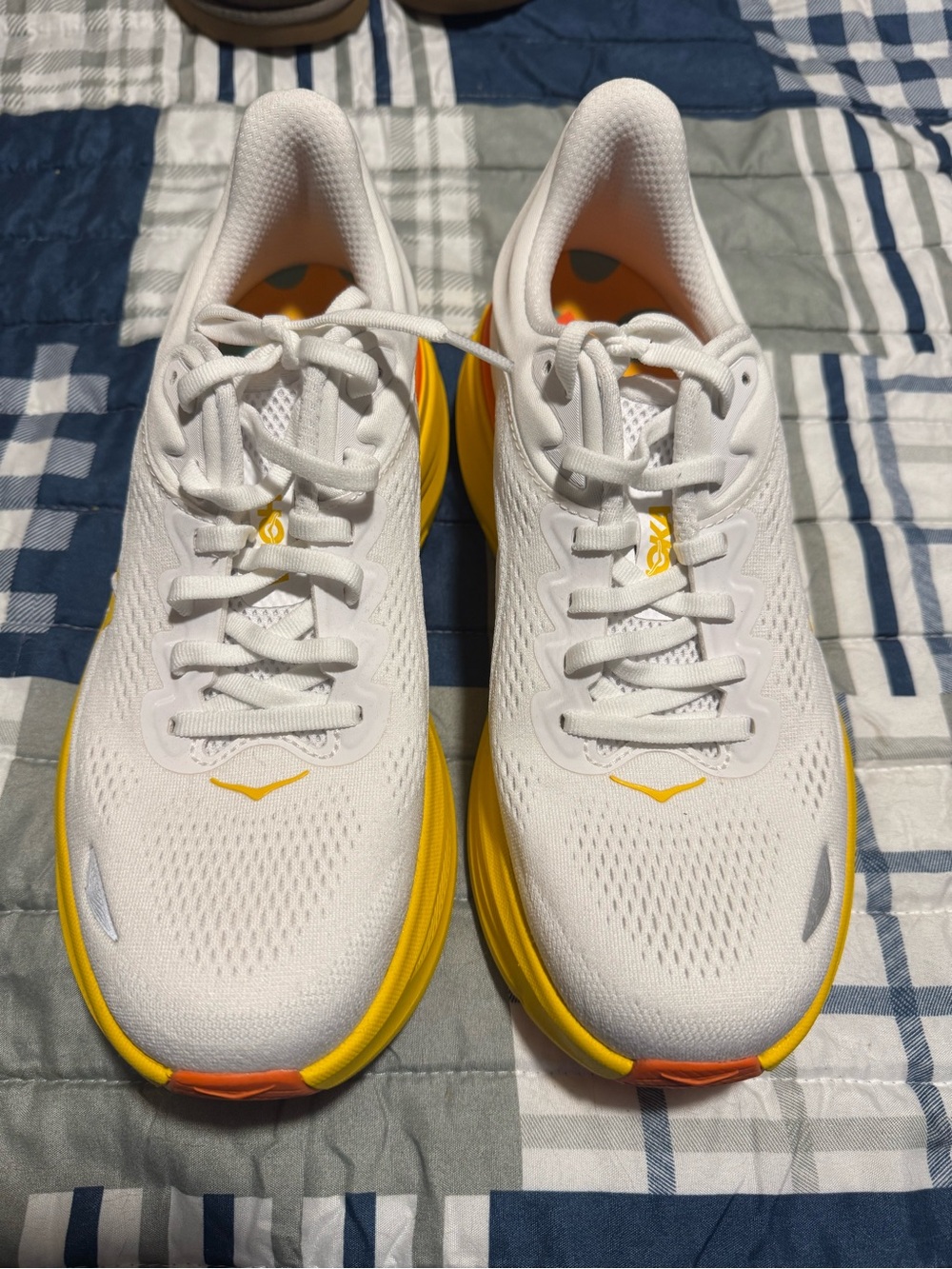 Hoka Women's White Running Shoes with Yellow & Orange Midsole - Picture 2 of 5
